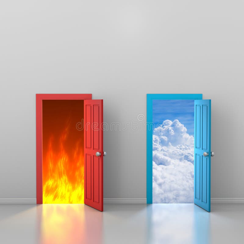 Doors to heaven and hell stock illustration. Illustration of fire - 76619316