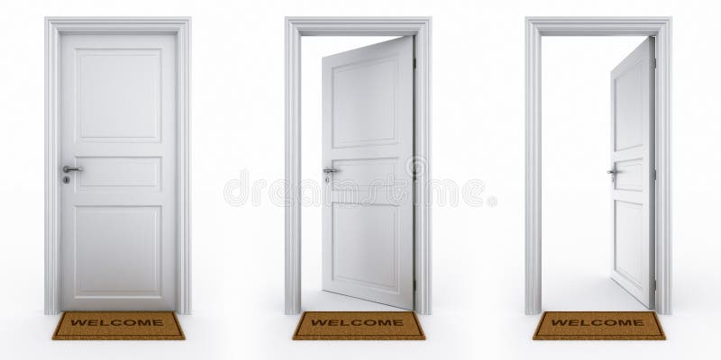 3d rendering of a dor in three stages with welcome mat. 3d rendering of a dor in three stages with welcome mat