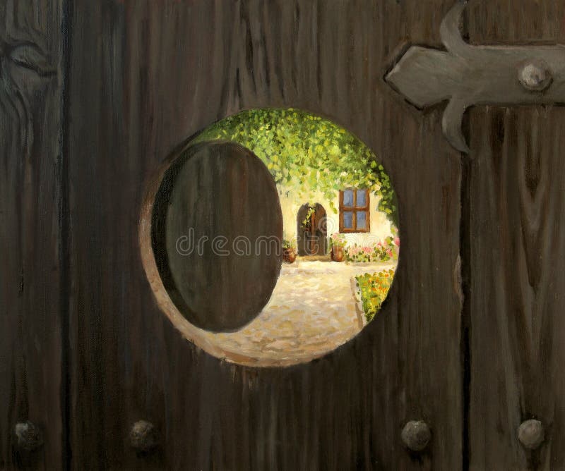 An oil painting on canvas representing a view from the gates of an ancient monastery, to the inner garden bringing thoughts of tranquility and peace in mind. An oil painting on canvas representing a view from the gates of an ancient monastery, to the inner garden bringing thoughts of tranquility and peace in mind.