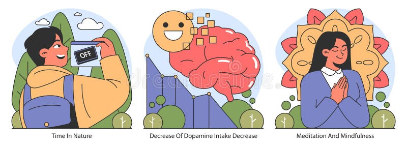 Dopamine fasting concept. Embracing digital breaks, understanding brain chemistry, and cultivating mindfulness. Promotes personal growth through nature and meditation. Flat vector illustration. Brain disconnect vectors