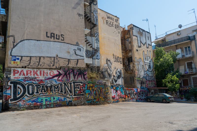 August 2019. Dopamine Graffiti on the Wall of Athens in Greece