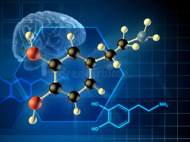 Dopamine. Structural Chemical Formula and Model of Molecule Stock