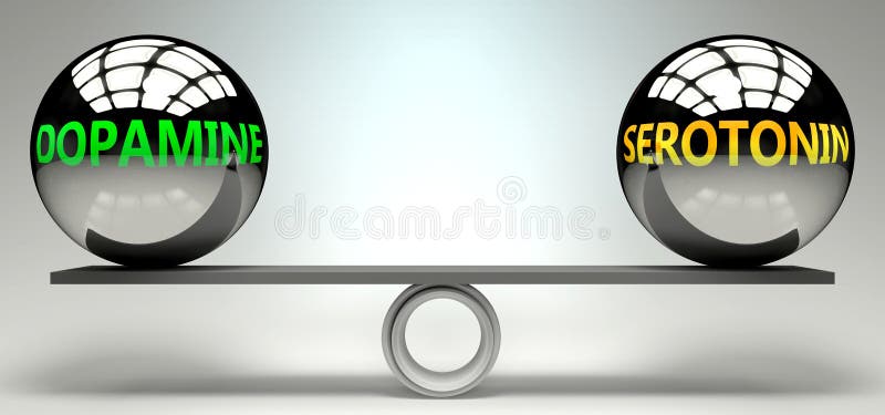 Dopamine and serotonin balance, harmony and relation pictured as two equal balls with text words showing abstract idea and royalty free illustration.