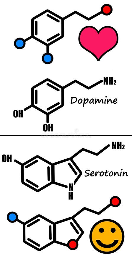 Químico fórmulas de dopamina (hormona) a serotonina (felicidad hormona) 