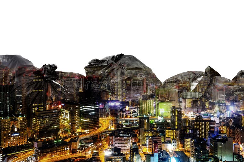 Doppelbelichtungsabfalltaschen und -stadt lizenzfreies stockfoto Doppelbelichtungsabfalltaschen und -stadt lizenzfreies stockfoto