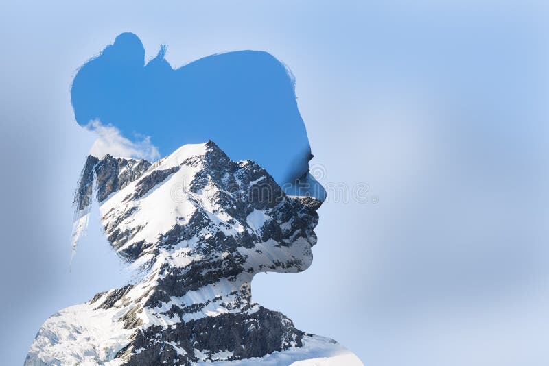 Double exposure portrait of young woman and mountain cover with snow. Double exposure portrait of young woman and mountain cover with snow