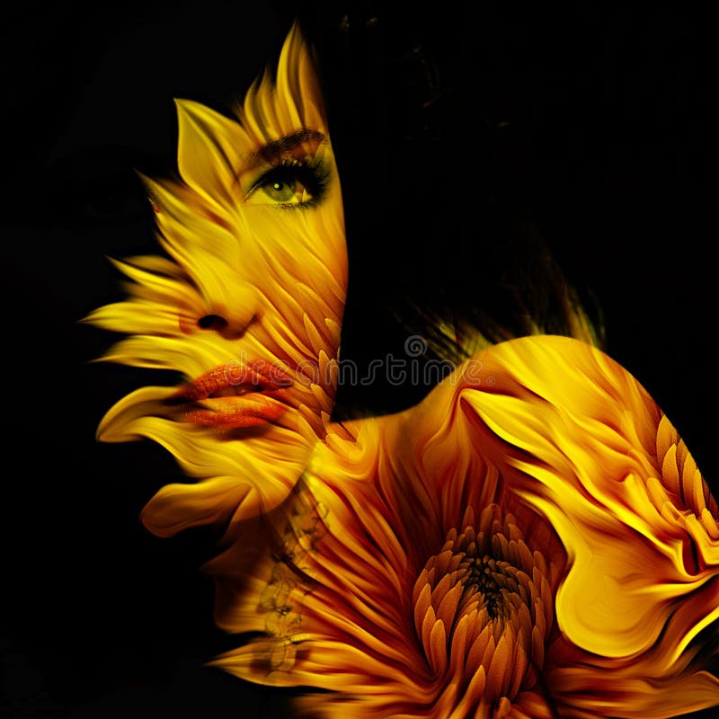 Doppia esposizione del giovane bello della donna ritratto di fantasia immagini stock libere da diritti Doppia esposizione del giovane bello della donna ritratto di fantasia immagini stock libere da diritti