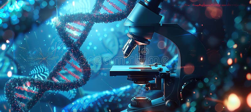 Doppie eliche e microscopio futuristico del dna in laboratorio royalty illustrazione gratis