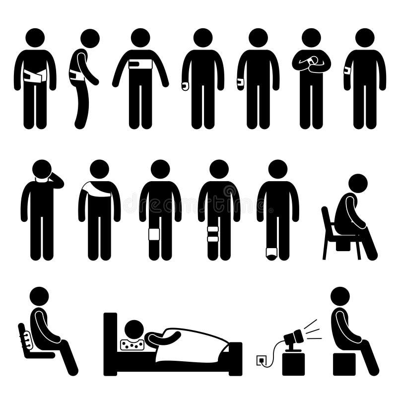 A set of pictograms representing supporting equipment for human body due to injury and pain. A set of pictograms representing supporting equipment for human body due to injury and pain.