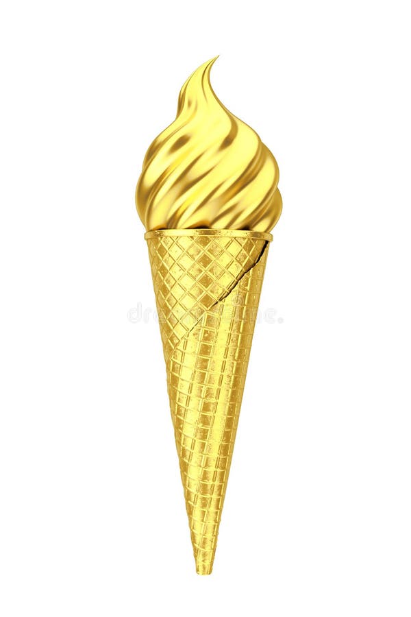 Dorado suave servir helado en helado dorado gofre crujiente helado cono 3d renderizado libre illustration