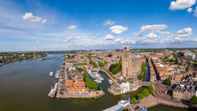 Dordrecht Netherlands, skyline of the old city of Dordrecht with church and canal buildings in the Netherlands. Europe royalty free stock images