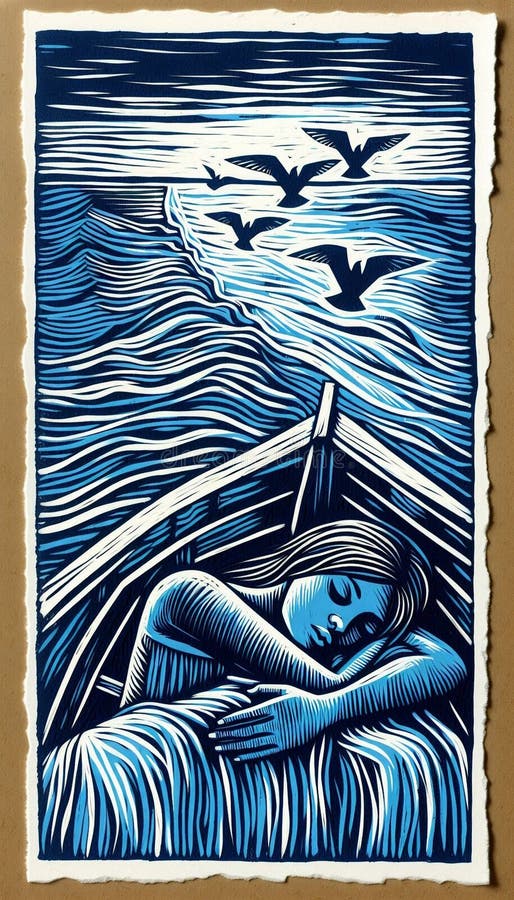 Dormido a la deriva en el mar azul con gaviotas volando alrededor del arte de la línea original fotos de archivo libres de regalías