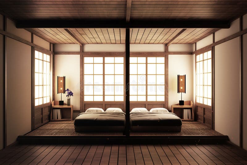 Dormitorio ascendente falso dormitorio del estilo del zen Dormitorio sereno Cama de madera con estilo japonés del piso de tatami ilustración del vector Dormitorio ascendente falso dormitorio del estilo del zen Dormitorio sereno Cama de madera con estilo japonés del piso de tatami ilustración del vector
