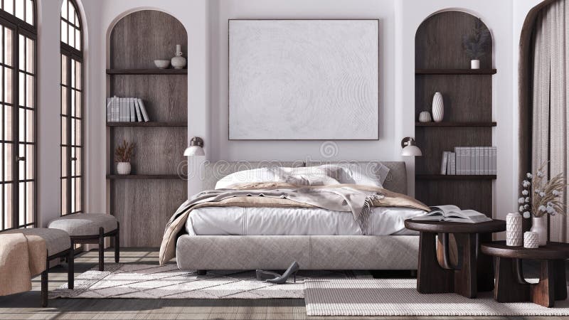 Dormitorio Contemporáneo De Madera Oscura Con Parqué Y Ventanas Abovedadas.  Moqueta De Cama Doble Y Sillones En Tonos Blanco Y Bei Stock de ilustración  - Ilustración de arco, oscuro: 273239190