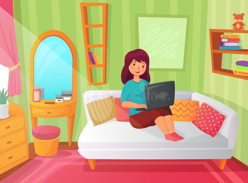 Dormitorio de la estudiante Sitio del apartamento del adolescente, estudio en línea en casa y lectura del estudiante de mujer en ilustración del vector Dormitorio de la estudiante Sitio del apartamento del adolescente, estudio en línea en casa y lectura del estudiante de mujer en ilustración del vector