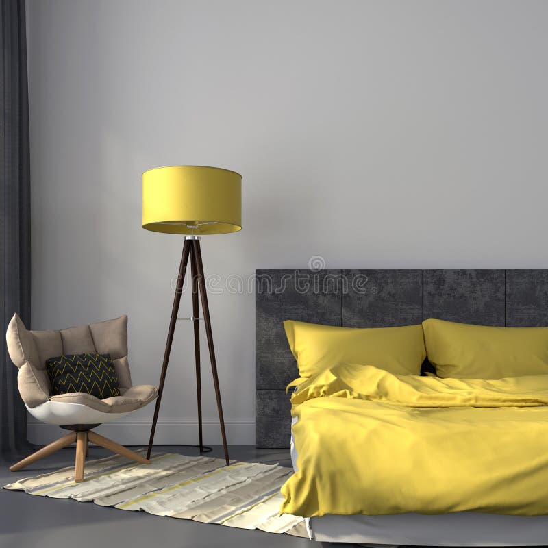 Dormitorio gris y decoración amarilla