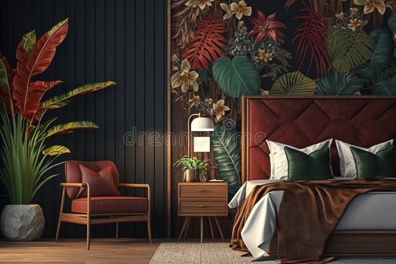 Dormitorio Interior Moderno Con Papel Pintado Plantas Tropicales Y Flores  Pared Y Silla De Madera Y Escritorio De Lujoso Estilo Rú Stock de  ilustración - Ilustración de casero, fondo: 271423060