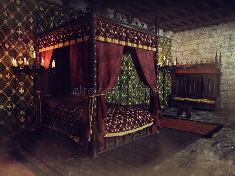 Dormitorio medieval con cama grande