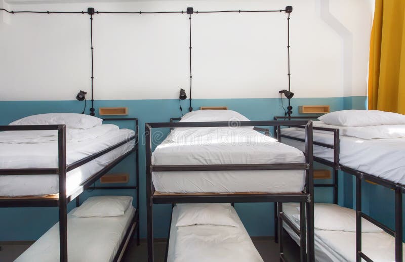 Dormitory Room with Bunk Beds in New Hostel for Students or Travelers