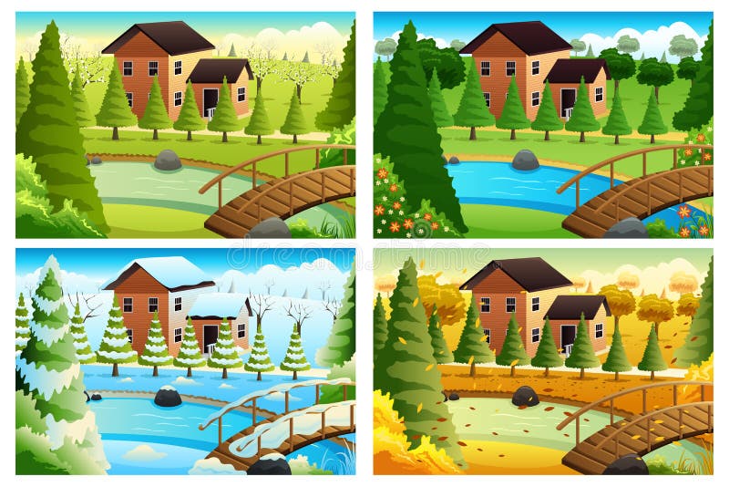 Dorp in Vier Seizoenen royalty-vrije illustratie