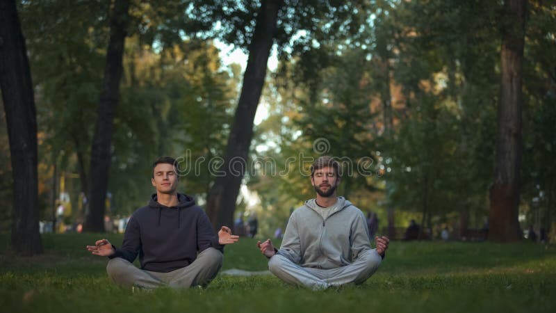 Dos amigos que meditan en Central Park, actitud del loto, asana de la yoga, búsqueda de la armonía foto de archivo libre de regalías Dos amigos que meditan en Central Park, actitud del loto, asana de la yoga, búsqueda de la armonía foto de archivo libre de regalías