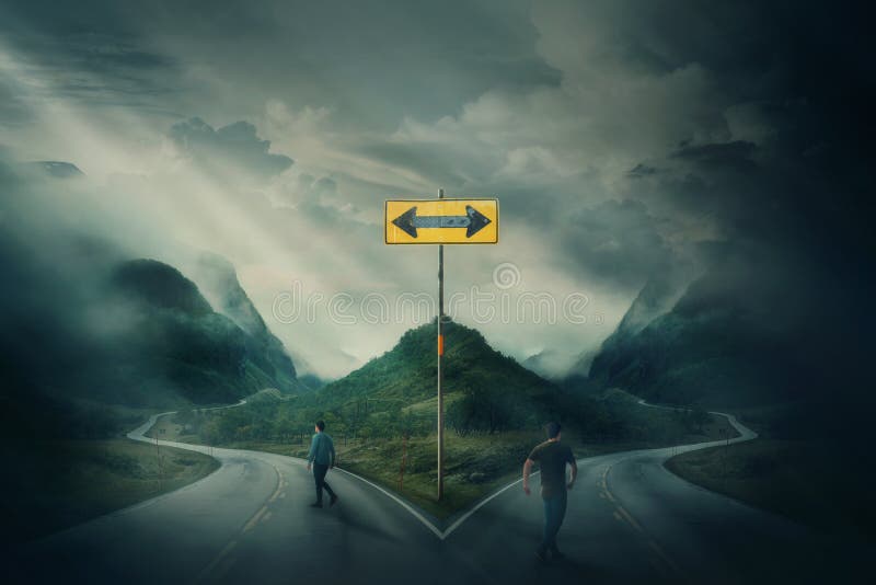 Dos caminos que van de los hombres diversos como empalme de bifurcaci?n del cruce partido de maneras peculiares fotos de archivo libres de regalías Dos caminos que van de los hombres diversos como empalme de bifurcaci?n del cruce partido de maneras peculiares fotos de archivo libres de regalías