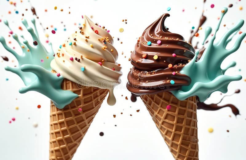 Dos conos de helado con sabor a vainilla y chocolate y cono de gofre con líquido de cian en espiral con salpicaduras en blanco libre illustration