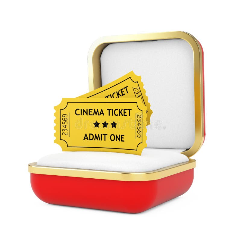 Dos entradas de cine amarillo en la caja roja de regalo Representación 3d ilustración del vector Dos entradas de cine amarillo en la caja roja de regalo Representación 3d ilustración del vector