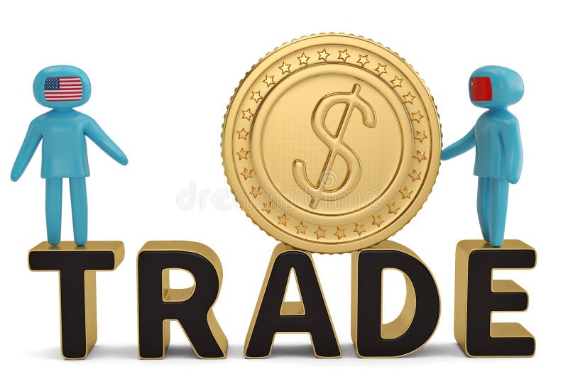 Dos figura gente en la palabra comercial y el illustratio grande de la moneda de oro 3D stock de ilustración Dos figura gente en la palabra comercial y el illustratio grande de la moneda de oro 3D stock de ilustración
