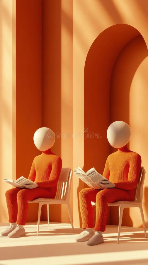 Dos figuras abstractas en un sitio anaranjado leyendo en un espacio minimalista con luz solar fotos de archivo