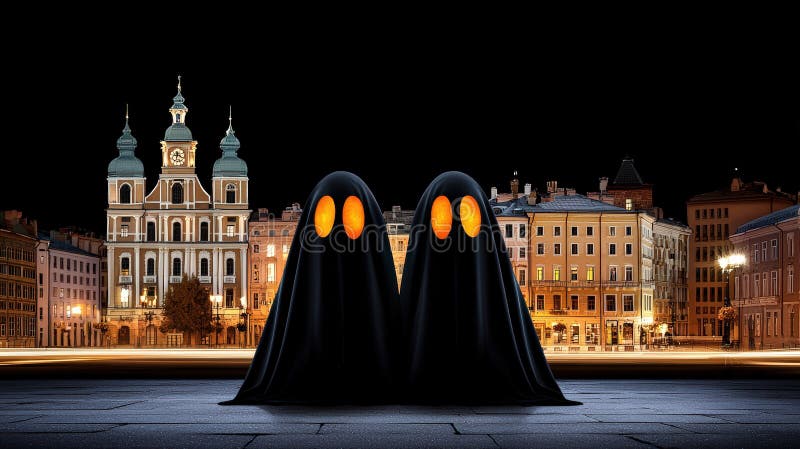 Dos figuras fantasmas con ojos brillantes en un ambiente urbano misterioso por la noche stock de ilustración