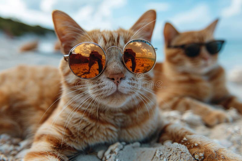 Dos gatos con gafas de sol en la playa fotografía de archivo