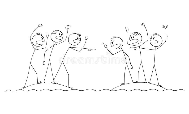 Dos grupos de personas discutiendo y luchando desde islas cercanas ilustraciones de dibujos animados vectoriales ilustración del vector