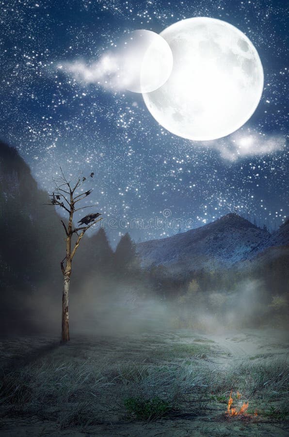 Dos lunas sobre árbol marchitado solo imagen de archivo libre de regalías Dos lunas sobre árbol marchitado solo imagen de archivo libre de regalías
