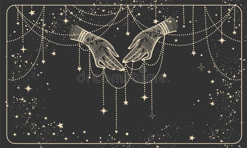 Dos manos con preciosos hilos sobre un fondo cósmico negro. boho design for palmistry adivino adivinación bruja. magia