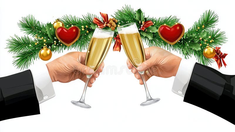 Dos manos en la tostada con gafas de champán y decoración navideña. Dos manos con trajes negros aferran a copas de champán adornadas con festivos guirnaldas de Navidad corazones rojos y adornos de oro contra un fondo blanco. La imagen evoca la celebración y la alegría de las fiestas