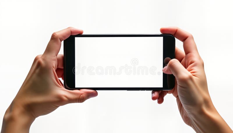 Dos manos sostienen el smartphone con pantalla en blanco. moderno dispositivo tecnológico para aplicaciones móviles. orientación h ilustración del vector