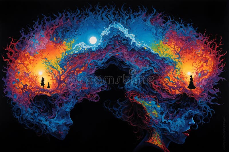 Dos mentes unidas a nivel mental o cuántico colorida ilustración conceptual libre illustration