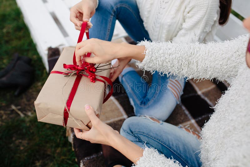 Dos muchachas hermosas que sostienen los regalos imágenes de archivo libres de regalías Dos muchachas hermosas que sostienen los regalos imágenes de archivo libres de regalías