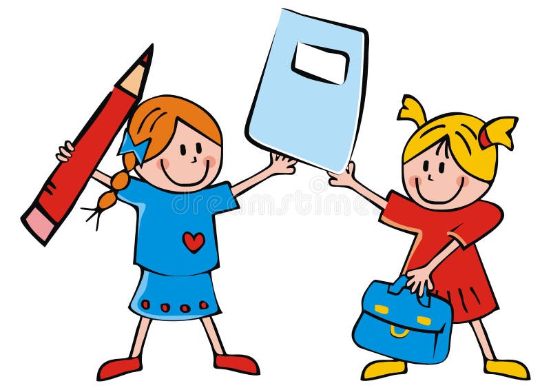 Dos muchachas y equipos de escuela, bolso, libro de ejercicio y pluma, icono del vector stock de ilustración Dos muchachas y equipos de escuela, bolso, libro de ejercicio y pluma, icono del vector stock de ilustración