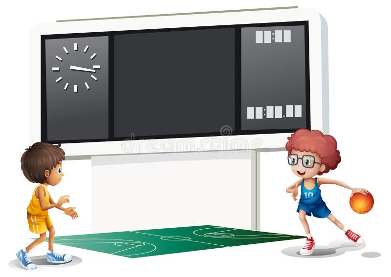 Dos muchachos que juegan a baloncesto en una corte con un marcador libre illustration Dos muchachos que juegan a baloncesto en una corte con un marcador libre illustration