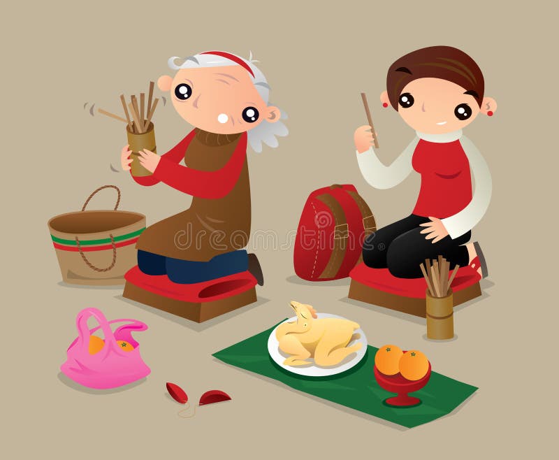 Dos mujeres sacuden un tubo de los palillos de la fortuna para dibujar porciones para la predicción futura libre illustration Dos mujeres sacuden un tubo de los palillos de la fortuna para dibujar porciones para la predicción futura libre illustration