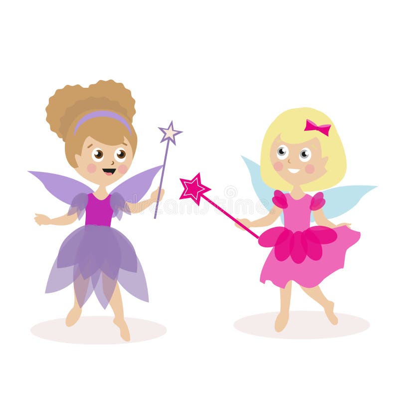 Dos niñas en trajes y hadas con las varas mágicas Vestido para el día de fiesta de los niños, o funcionamiento carácter plano ilustración del vector Dos niñas en trajes y hadas con las varas mágicas Vestido para el día de fiesta de los niños, o funcionamiento carácter plano ilustración del vector