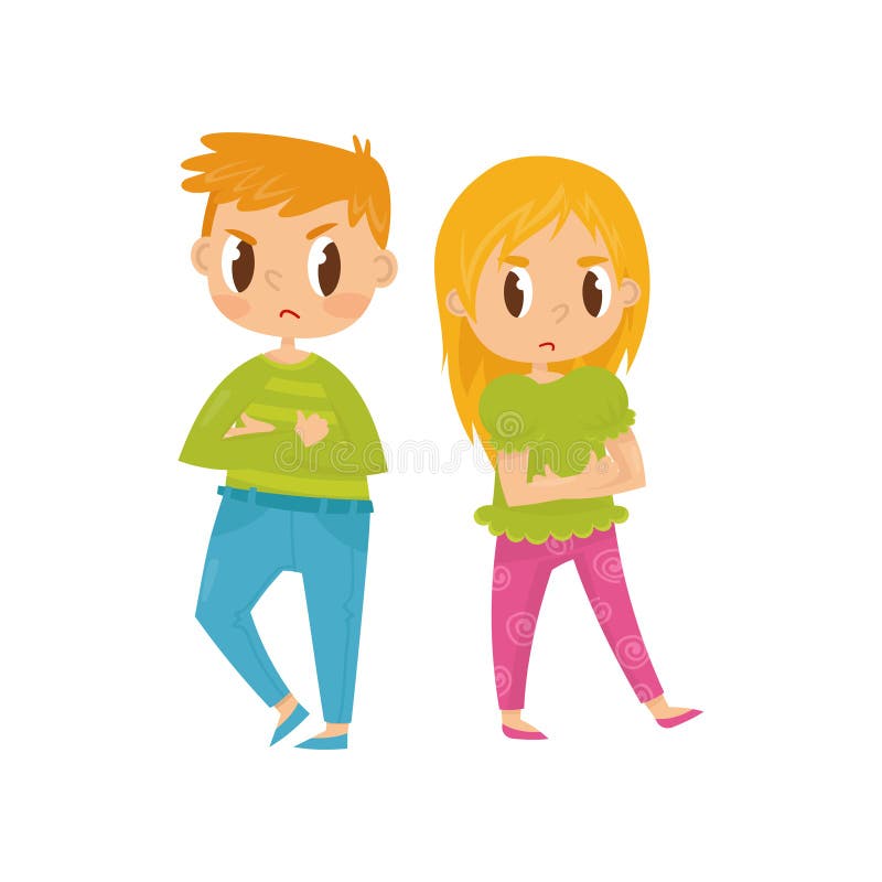 Dos niños, muchacho y muchacha con los brazos cruzados y las expresiones faciales enojadas Brother y hermana en pelea Vector plan ilustración del vector Dos niños, muchacho y muchacha con los brazos cruzados y las expresiones faciales enojadas Brother y hermana en pelea Vector plan ilustración del vector
