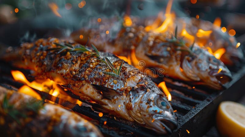 Two fish are being grilled on an open flame, cooking to perfection. AI Generative AI generated. Two fish are being grilled on an open flame, cooking to perfection. AI Generative AI generated