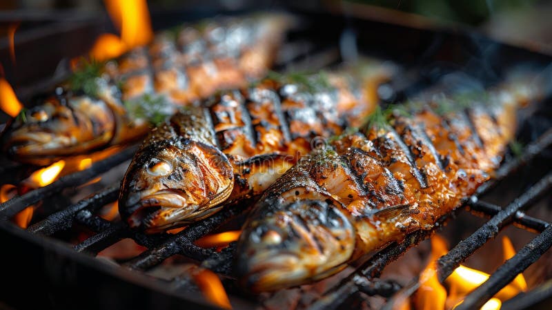 Two fish are being grilled on an open flame, cooking to perfection. AI Generative AI generated. Two fish are being grilled on an open flame, cooking to perfection. AI Generative AI generated