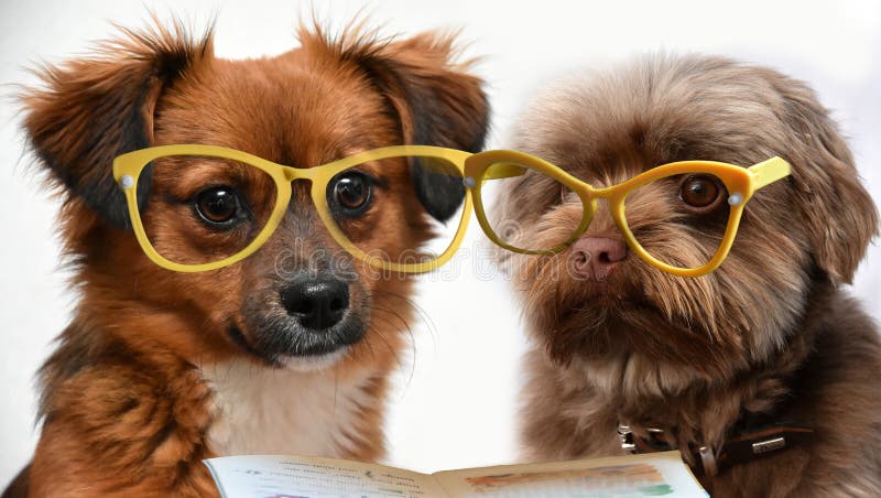 Dos pequeños perros de perrito que leen un libro