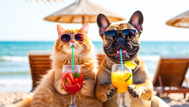 Dos perros están sentados en la playa y uno de ellos sostiene un vaso de jugo. El otro perro también está sosteniendo un vaso de jugo generado por IA