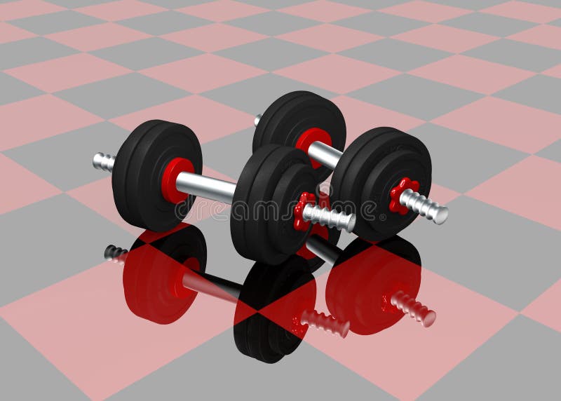 Dos pesas de gimnasia en piso a cuadros negro rojo con la reflexión ilustración del vector Dos pesas de gimnasia en piso a cuadros negro rojo con la reflexión ilustración del vector