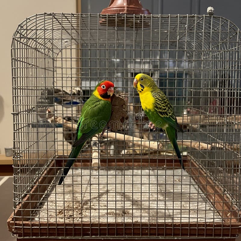 Dos pájaros descansan dentro de una jaula de alambre rectangular. A la izquierda un pájaro con un rojo brillante stock de ilustración